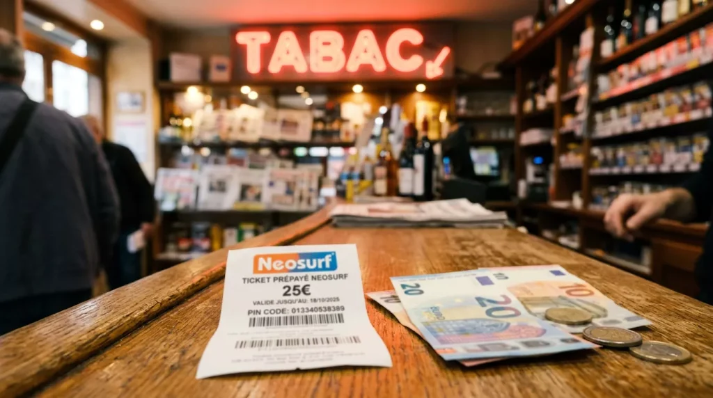 Achat d'un ticket Neosurf au comptoir d'un bureau de tabac en France pour alimenter un compte de paris sportifs