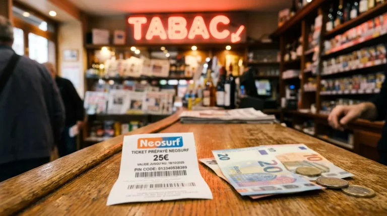 Achat d'un ticket Neosurf au comptoir d'un bureau de tabac en France pour alimenter un compte de paris sportifs