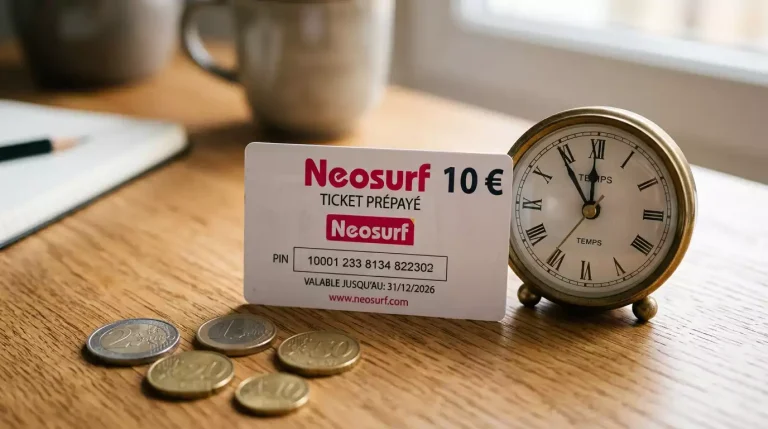 Ticket Neosurf avec indication de la date de validité et des frais d'inactivité appliqués après un an